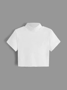 SHEIN BASICS High Neck Short Sleeve Crop Tee - White - View 4