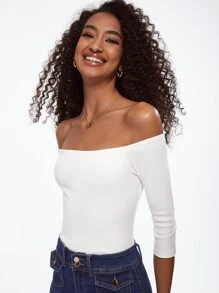 SHEIN BASICS Off Shoulder Ribbed Knit Tee - White - View 1