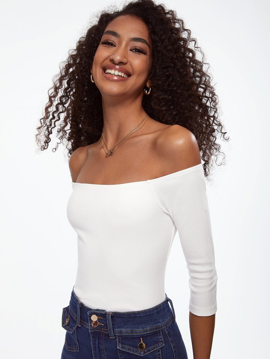 SHEIN BASICS Off Shoulder Ribbed Knit Tee - White - View 1