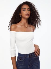 SHEIN BASICS Off Shoulder Ribbed Knit Tee - White - View 6