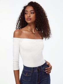 SHEIN BASICS Off Shoulder Ribbed Knit Tee - White - View 8