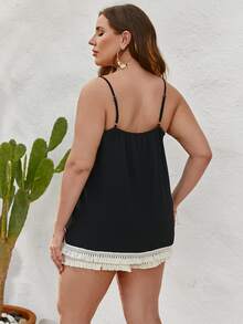 SHEIN VCAY 大碼流蘇邊吊帶背心和短褲 - 黑色 - 查看 2