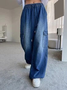 DAZY Elastic Waist Flap Pocket Cargo Jeans - Medium Wash - View 1
