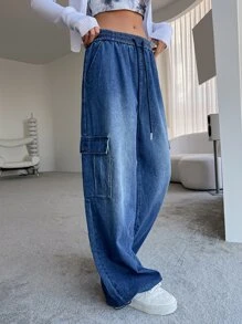 DAZY Elastic Waist Flap Pocket Cargo Jeans - Medium Wash - View 4