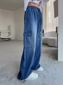 DAZY Elastic Waist Flap Pocket Cargo Jeans - Medium Wash - View 5