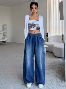 DAZY Elastic Waist Flap Pocket Cargo Jeans - Medium Wash - View 7