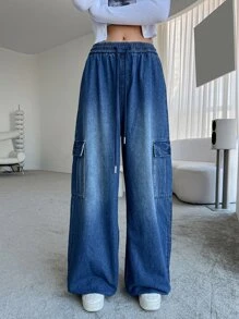 DAZY Elastic Waist Flap Pocket Cargo Jeans - Medium Wash - View 8