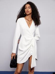 Maija Surplice cổ Váy Wrap Hem Trang phục làm việc - trắng - Xem 5