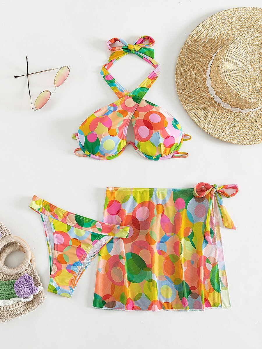 Bộ bikini đi biển mùa hè có dây buộc dây với váy đi biển - Nhiều màu - Xem 1