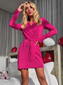 SHEIN Privé Solid Belted Wrap Fitted Dress - Hot Pink - View 4