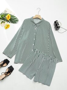 SHEIN Holidaya Plus Striped Drop Shoulder Blouse & Shorts - Multicolor - View 1