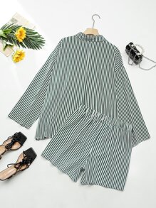 SHEIN Holidaya Plus Striped Drop Shoulder Blouse & Shorts - Multicolor - View 2