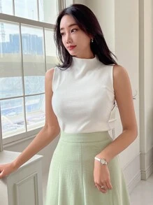 DAZY Solid Mock Neck Ribbed Knit Tank Top - White - View 2