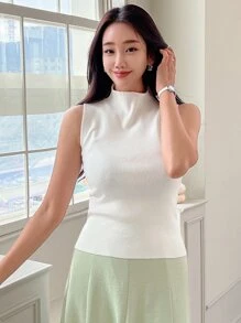 DAZY Solid Mock Neck Ribbed Knit Tank Top - White - View 3