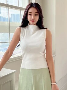 DAZY Solid Mock Neck Ribbed Knit Tank Top - White - View 4