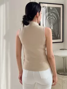 DAZY Solid Mock Neck Ribbed Knit Tank Top - Apricot - View 5