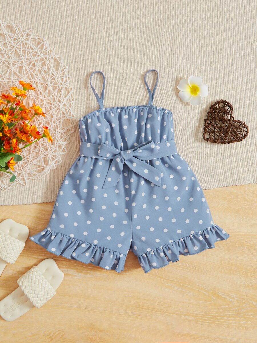 SHEIN Baby Polka Dot Print Ruffle Hem Belted Cami Romper - Dusty Blue - View 1