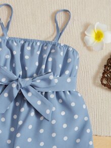 SHEIN Baby Polka Dot Print Ruffle Hem Belted Cami Romper - Dusty Blue - View 3
