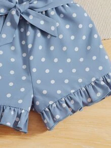 SHEIN Baby Polka Dot Print Ruffle Hem Belted Cami Romper - Dusty Blue - View 4