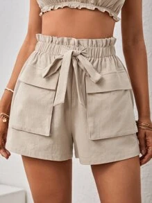 SHEIN VCAY Quần đùi nữ Túi Thắt nơ trước Quần paper-bag màu trơn Giải trí - Màu Khaki - Xem 1