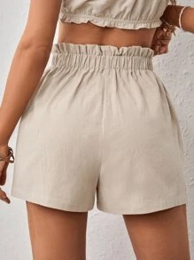 SHEIN VCAY Quần đùi nữ Túi Thắt nơ trước Quần paper-bag màu trơn Giải trí - Màu Khaki - Xem 2