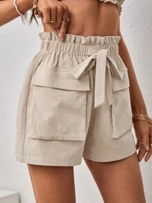SHEIN VCAY Quần đùi nữ Túi Thắt nơ trước Quần paper-bag màu trơn Giải trí - Màu Khaki - Xem 3