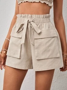 SHEIN VCAY Quần đùi nữ Túi Thắt nơ trước Quần paper-bag màu trơn Giải trí - Màu Khaki - Xem 4