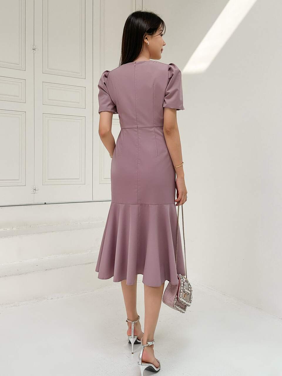 Square Neck Puff Sleeve Ruffle Hem Dress