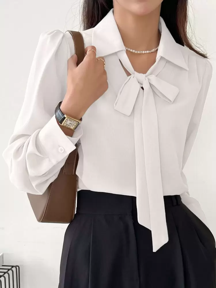 Solid Tie Neck Puff Sleeve Blouse Work Women Clothes,Fall Clothes,Back To School Clothes Long Sleeve Top