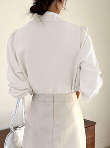 DAZY 纯色系带泡泡袖衬衫 女装工作服、秋装、返校服 长袖上衣 - 白色 - 查看 2
