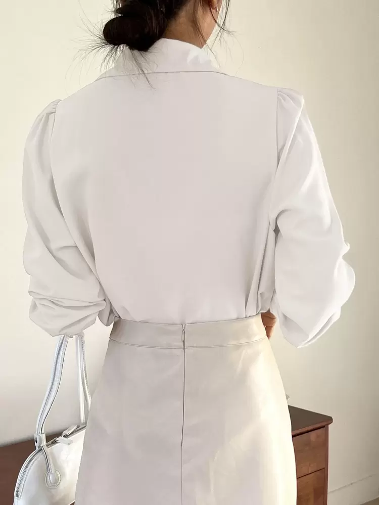 Solid Tie Neck Puff Sleeve Blouse Work Women Clothes,Fall Clothes,Back To School Clothes Long Sleeve Top