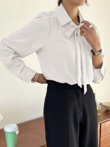 DAZY 纯色系带泡泡袖衬衫 女装工作服、秋装、返校服 长袖上衣 - 白色 - 查看 4