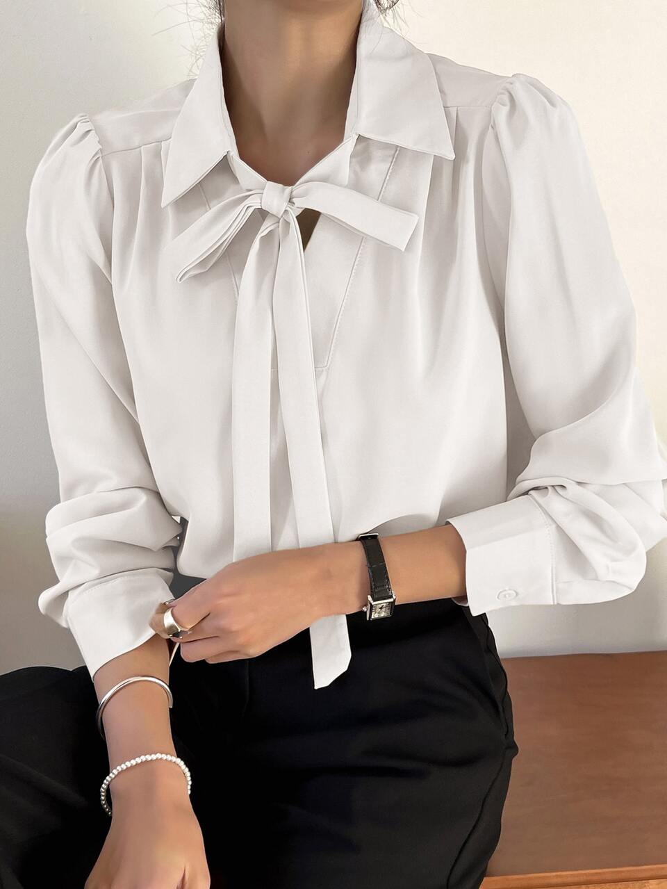 Solid Tie Neck Puff Sleeve Blouse Work Women Clothes,Fall Clothes,Back To School Clothes Long Sleeve Top