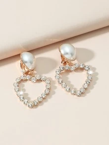 一对时尚百搭的珍珠心形镂空水钻耳环，适合晚宴和日常佩戴 - 白色 - 查看 2