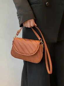 絎縫圖案翻蓋方包 - 棕色 - 查看 2