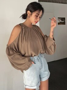 DAZY Cold Shoulder Lantern Sleeve Blouse - Brown - View 1