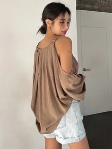 DAZY Cold Shoulder Lantern Sleeve Blouse - Brown - View 2