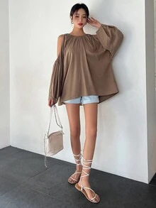 DAZY Cold Shoulder Lantern Sleeve Blouse - Brown - View 3