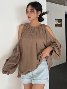DAZY Cold Shoulder Lantern Sleeve Blouse - Brown - View 4
