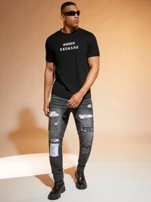 Manfinity RelaxMax Hombres Camiseta con estampado de letra - Negro - Ver 3