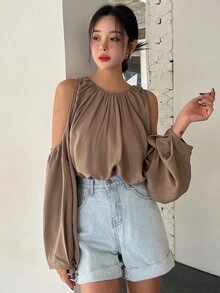 DAZY Cold Shoulder Lantern Sleeve Blouse - Brown - View 5
