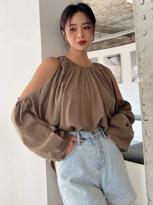 DAZY Cold Shoulder Lantern Sleeve Blouse - Brown - View 6
