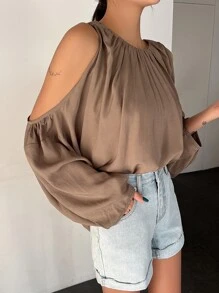 DAZY Cold Shoulder Lantern Sleeve Blouse - Brown - View 7