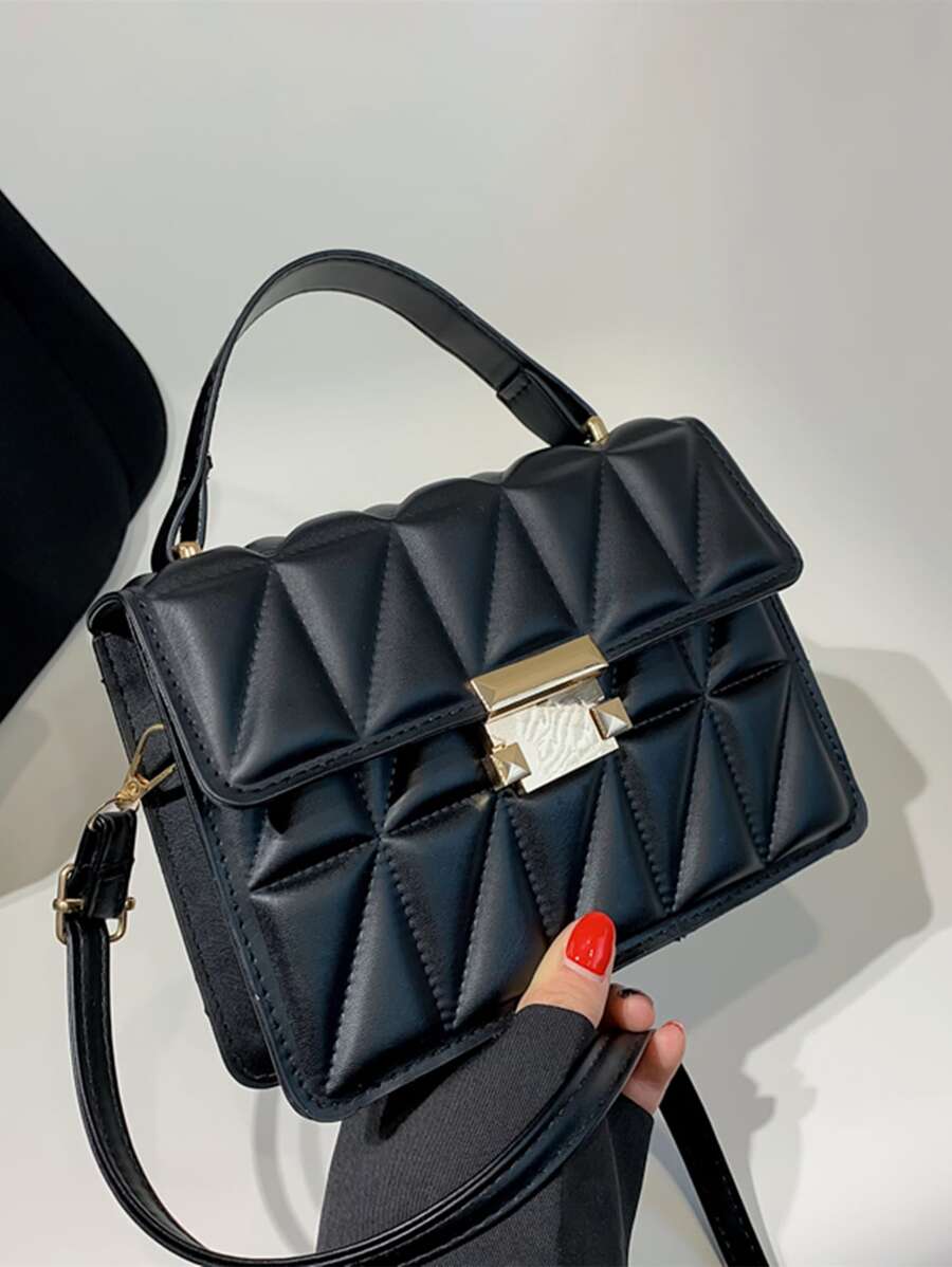 迷你絎縫圖案金屬裝飾翻蓋方包 - 黑色 - 查看 1