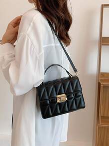 迷你絎縫圖案金屬裝飾翻蓋方包 - 黑色 - 查看 2