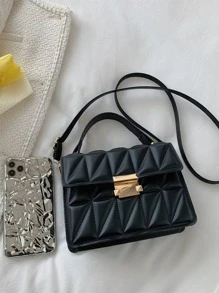 迷你絎縫圖案金屬裝飾翻蓋方包 - 黑色 - 查看 4