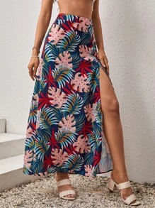 SHEIN VCAY Tropical Print Split Thigh Skirt - Multicolor - View 1
