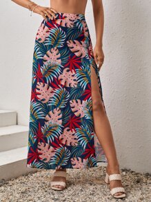 SHEIN VCAY Tropical Print Split Thigh Skirt - Multicolor - View 4