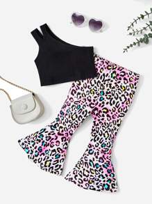 SHEIN Baby One Shoulder Top & Leopard Print Flare Leg Pants - Multicolor - View 1