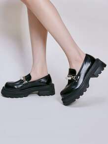 Chain & Faux Pearl Decor Platform Loafer Shoes - Black - View 3